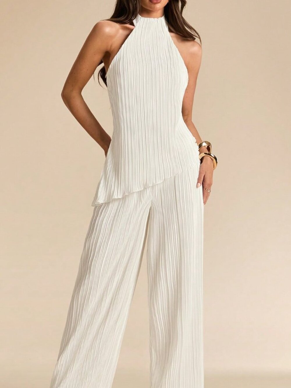 White Casual Women's Elegant Halter Backless Top  & Long Pants Set